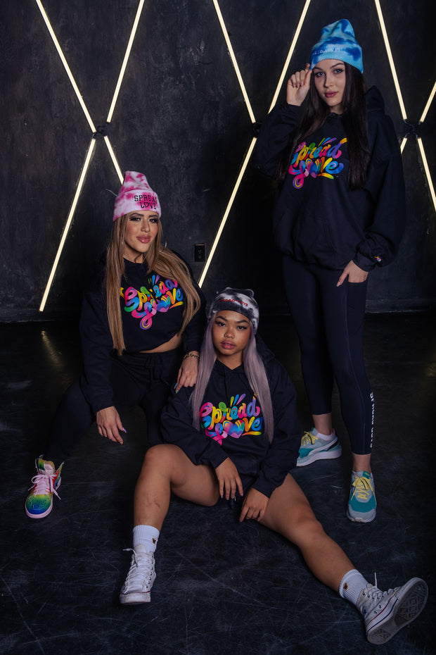 Spread Love Pink Tie Dye Beanie Black Embroidery