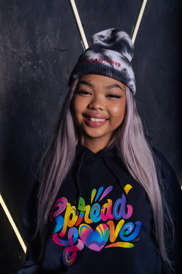 Spread Love Minimalist Black Tie Dye Beanie in Fire Noir