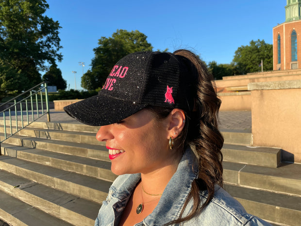 Black & Neon Pink Spread Love Glam Pony Hat - Mesh