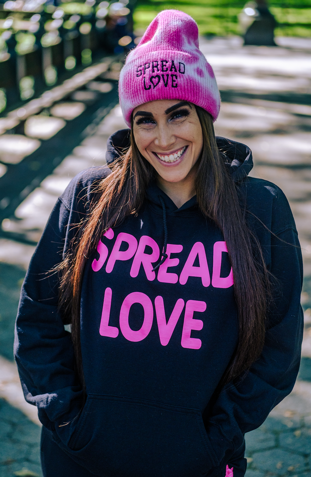 Spread Love Pink Tie Dye Beanie Black Embroidery