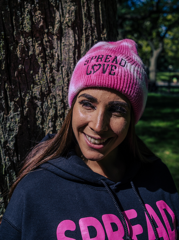 Spread Love Pink Tie Dye Beanie Black Embroidery