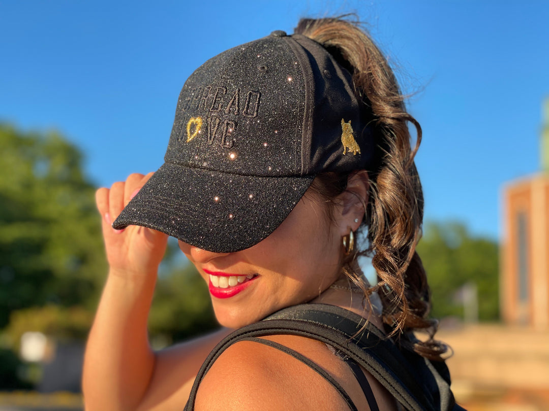 Black & Black Gold Heart Glam Pony Hat - Mesh